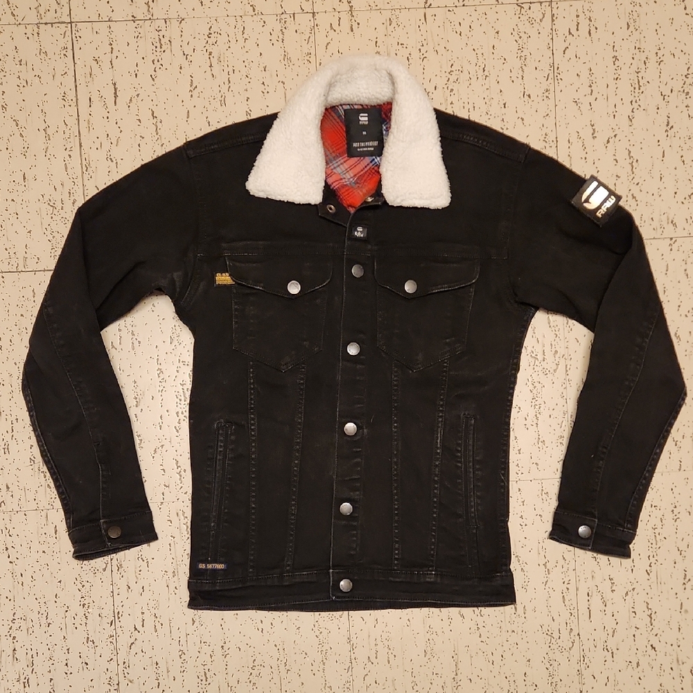 G-Star Raw Black Aviator Style Button Down Sherpa Collar Denim Jean Jacket
